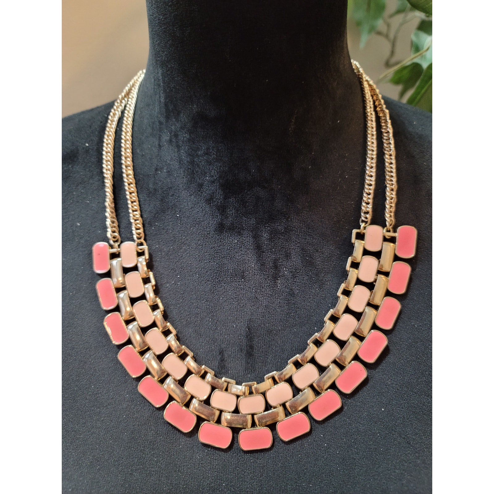 Womens Enamel Panel Bib Necklace Gold Tone Double Chain Lobster Clasp